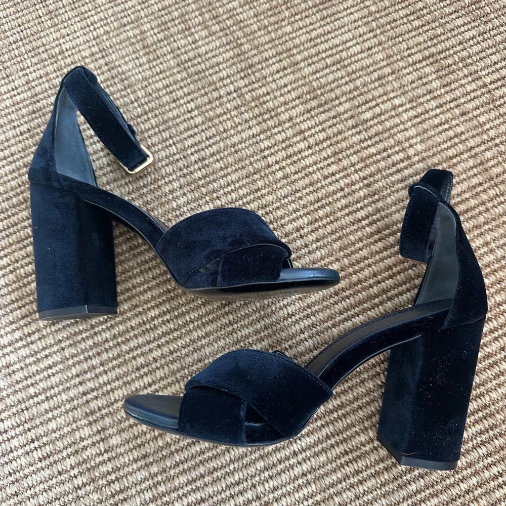 Maje Navy Blue Velvet Block Heel Sandals